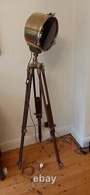 Brass Search Light On Wooden Tripod, Antique / Vintage