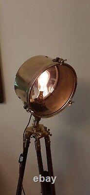 Brass Search Light On Wooden Tripod, Antique / Vintage