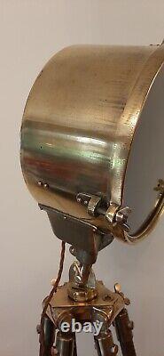 Brass Search Light On Wooden Tripod, Antique / Vintage