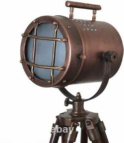 Brass Searchlight Table Lamp Nautical Spotlight Wooden Tripod Stand Vintage Gift