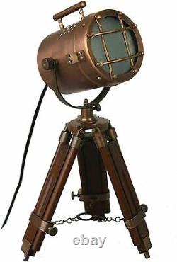 Brass Searchlight Table Lamp Nautical Spotlight Wooden Tripod Stand Vintage Gift