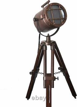 Brass Searchlight Table Lamp Nautical Spotlight Wooden Tripod Stand Vintage Gift