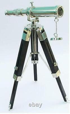 Brass Spyglass Maritime Nautical Telescope With Wooden Tripod Stand Decor