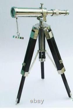 Brass Spyglass Maritime Nautical Telescope With Wooden Tripod Stand Decor