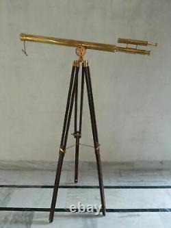 Brass Telescope Double Barrel Griffith Astor With Wooden Tripod Stand Decorative