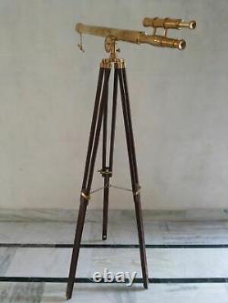 Brass Telescope Double Barrel Griffith Astor With Wooden Tripod Stand Decorative