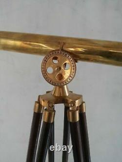 Brass Telescope Double Barrel Griffith Astor With Wooden Tripod Stand Decorative