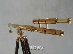 Brass Telescope Double Barrel Griffith Astor With Wooden Tripod Stand Decorative