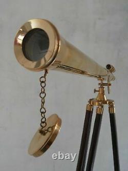 Brass Telescope Double Barrel Griffith Astor With Wooden Tripod Stand Decorative