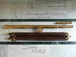 Brass Telescope Double Barrel Griffith Astor With Wooden Tripod Stand Decorative