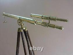 Brass Telescope Nautical Antique Vintage Tripod Wooden Standing Marine 39 inch