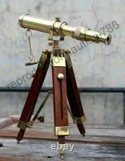 Brass Telescope With Wooden Tripod Stand Maritime Nautical Vintage Desk Décor
