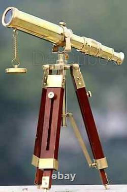 Brass Telescope With Wooden Tripod Stand Maritime Nautical Vintage Desk Décor