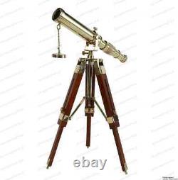 Brass Telescope With Wooden Tripod Stand Maritime Nautical Vintage Desk Décor