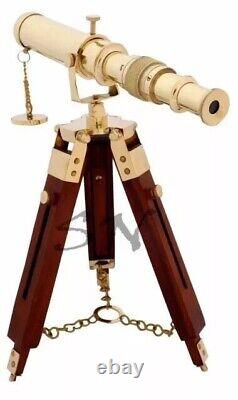 Brass Telescope With Wooden Tripod Stand Maritime Nautical Vintage Desk Décor