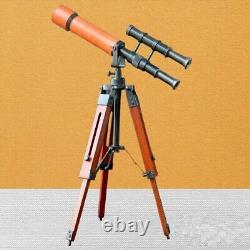 Brass Telescope With Wooden Tripod Stand Maritime Nautical Vintage Desk Décor