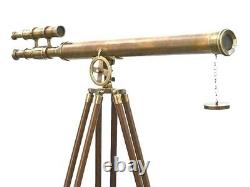 Brass Telescope With Wooden Tripod Stand Vintage Nautical Floor Standing 39 Inch