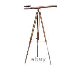 Brass Telescope With Wooden Tripod Stand Vintage Nautical Floor Standing 39 Inch