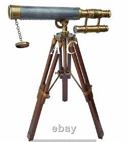 Brass Telescope Wooden Tripod Stand Nautical Marine Antique Vintage Decor Spygla
