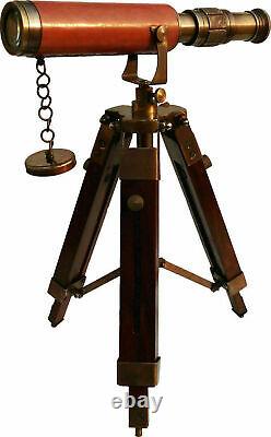 Brass Telescope w Wooden Tripod Stand Nautical Marine Antique Vintage Decor