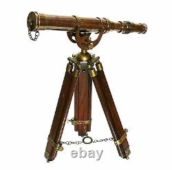 Brass Telescope with Adjustable Wooden Tripod Stand Antique Finish Vintage Item