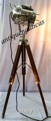 Brass Vintage Searchlight Table Lamp Nautical Spotlight Wooden Tripod Light