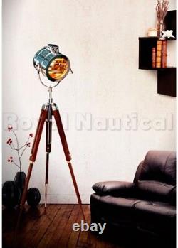 Brown Vintage Wooden Tripod Floor Lamp Antique LED Spot Light Adjustable Shade