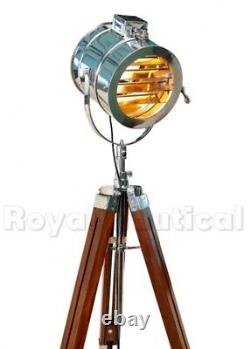 Brown Vintage Wooden Tripod Floor Lamp Antique LED Spot Light Adjustable Shade