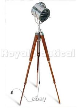 Brown Vintage Wooden Tripod Floor Lamp Antique LED Spot Light Adjustable Shade