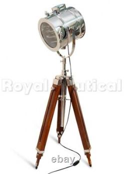 Brown Vintage Wooden Tripod Floor Lamp Antique LED Spot Light Adjustable Shade