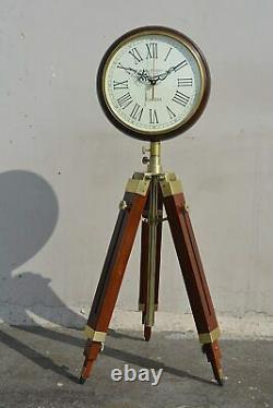 Brown Wood Grandfather Style Floor Clock Vintage Industrial 3 Folding Tripod