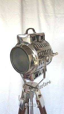 CHROME Tripod Spot Light Vintage Industrial Metal & Wood Tripod Lamp Decorative