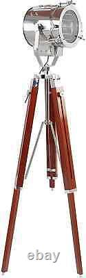 Chrome & Brown Vintage searchlight With Wooden Tripod Searchlight Spotlight