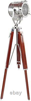 Chrome & Brown Vintage searchlight With Wooden Tripod Searchlight Spotlight