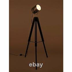 Chrome Spotlight Adjustable Tripod Floor Lamp Wooden Retro Vintage Industrial