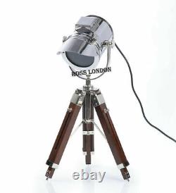 Chrome Table Lamp Vintage Wooden Tripod Stand Working Collectible Handmade Decor