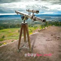 Chrome Vintage 39'' Brass Nautical Floor Standing Telescope with Wooden Tripod