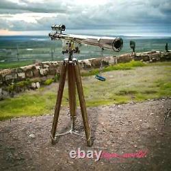 Chrome Vintage 39'' Brass Nautical Floor Standing Telescope with Wooden Tripod