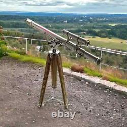 Chrome Vintage 39'' Brass Nautical Floor Standing Telescope with Wooden Tripod