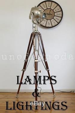 Classic Vintage Tripod Floor Lamp Nautical Antique Searchlight With Wooden Stand