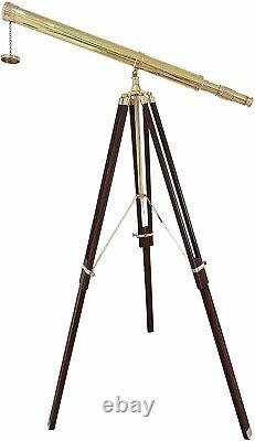 Collectible Nautical 39Shiny Brass Telescope With Wooden Vintage Tripod NM105