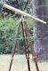 Collectible Vintage Single Barrel Brass Telescope With Brown Wooden Tripod Stand