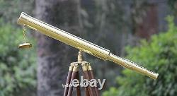 Collectible Vintage Single Barrel Brass Telescope With Brown Wooden Tripod Stand