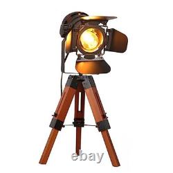 Decoluce Industrial Tripod Floor Table Lamp Vintage Wood Cinema Searchlight