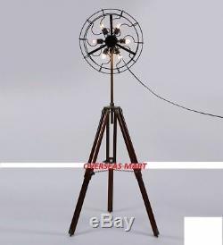 Designer fan holder lamp with handmade wooden tripod vintage home standing lamp