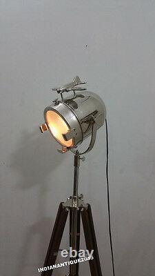 Designer's Floor Lamp Searchlight With Wooden Tripod Stand Vintage Spotlight