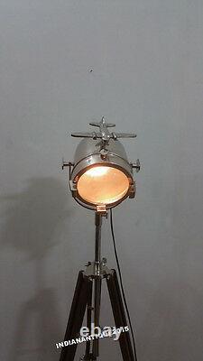 Designer's Floor Lamp Searchlight With Wooden Tripod Stand Vintage Spotlight