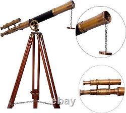 Double Barrel Floor Standing Antique Telescope with Wooden Tripod Stand Vintage