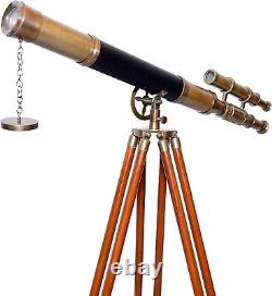 Double Barrel Floor Standing Antique Telescope with Wooden Tripod Stand Vintage