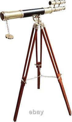 Double Barrel Vintage Telescope Shiny Brass Finish Wooden Brown Nautical Tripod